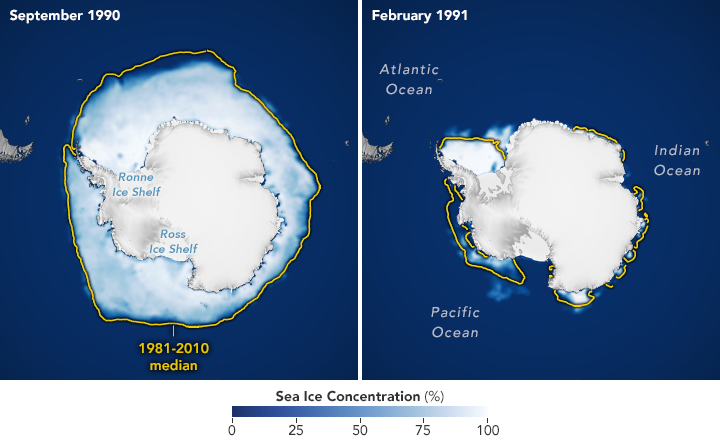 Yearly increase and decrease in sea ice; Image NASA