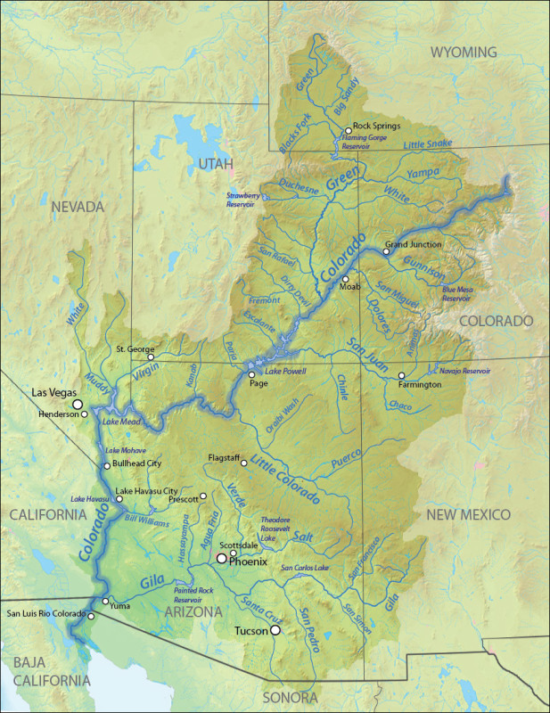 The U.S states through which the Colorado Rover flows; Image credit Wikipedia